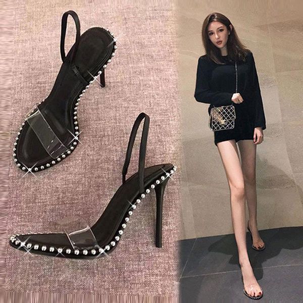 

decent2021 fashion high sandals thin heel iron steel ball transparent slippers one-character belt female trendy shoes model 2055, Black