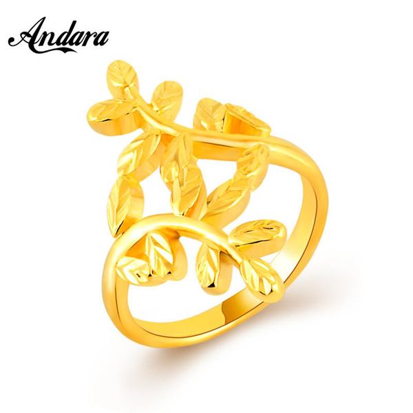 

wedding rings olive branch finger real 24k yellow gold color with chain jewelry for women bague femme female ring bijoux jr074, Slivery;golden