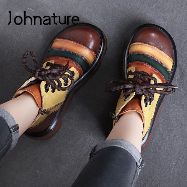 

boots johnature genuine leather mixed colors shoes women 2021 winter zip round toe concise lace-up ankle platform, Black