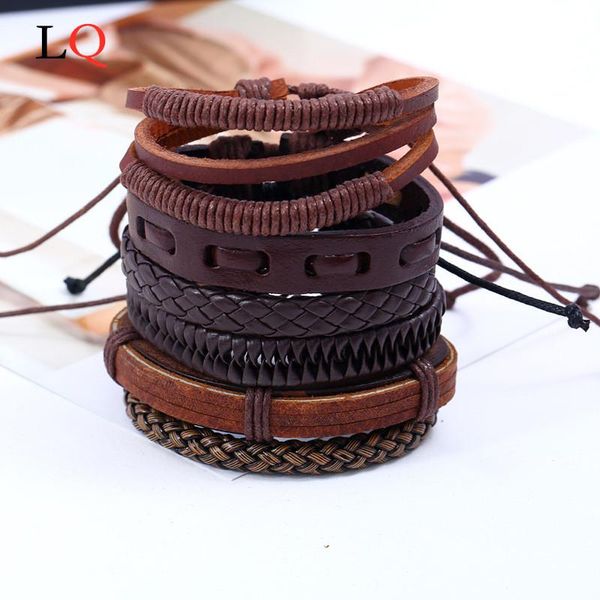 

beaded, strands vintage handmade braided bracelets set for men punk rock geometrice hollow wrap leather baclet bangle male jewelry wholesale, Black
