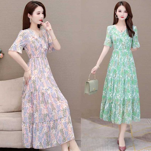 

summer ladies high-end chiffon dresses for women v neck high waist floral a-line long dress 210531, Black;gray