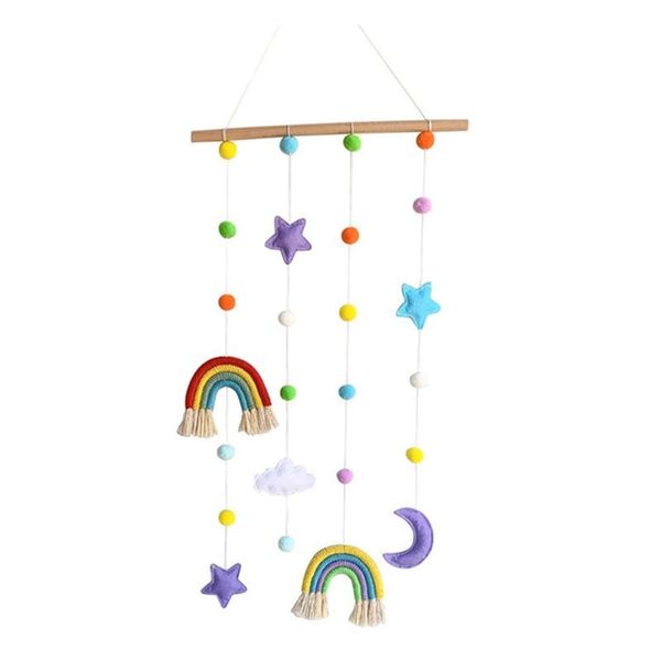 

tapestries room decoration handmade weaving rainbow wall hanging ornaments with felt ball home decor wooden stick tassel pendant