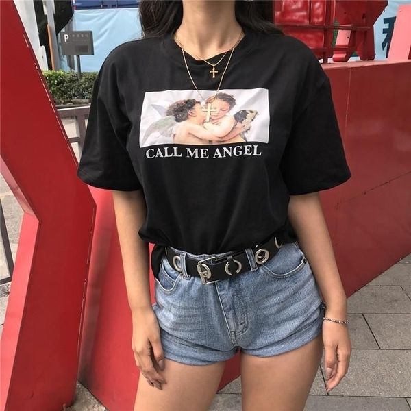 Call Me Angel Letter Pintura Mulheres Tumblr Moda Bonito T-shirt Verão Casual Harajuku Cool Grunge Vintage Mangas Curtas Tee 210518