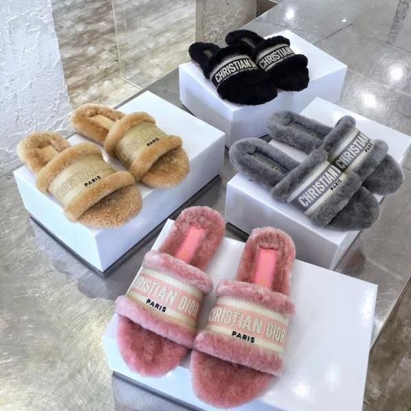 

(high version) d autumn and winter new wool slippers women's korean embroidery letter home versatile wear one word slippersluxury desig, Black
