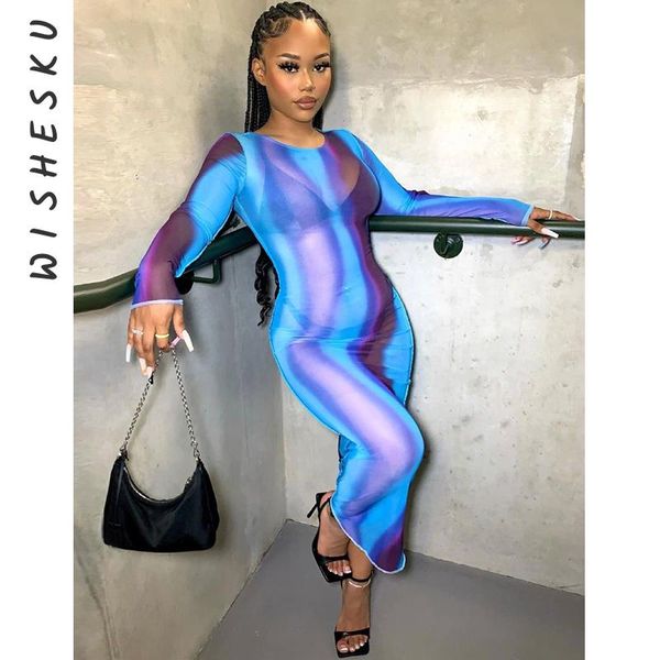 

casual dresses tie dye printed maxi dress 2021 autumn long sleeve woman mesh perspective robe vestidos ladies harajuku bodycon, Black;gray