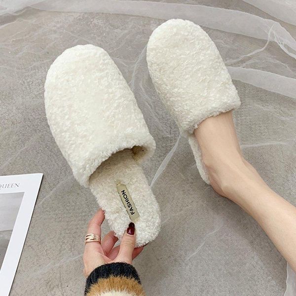 

home slippers winter warm shoes woman slip on flats slides female faux fur women closed toe furry for 13, Black