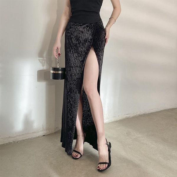 

skirts black side split maxi skirt summer women high waist long ladies party velvet wrap