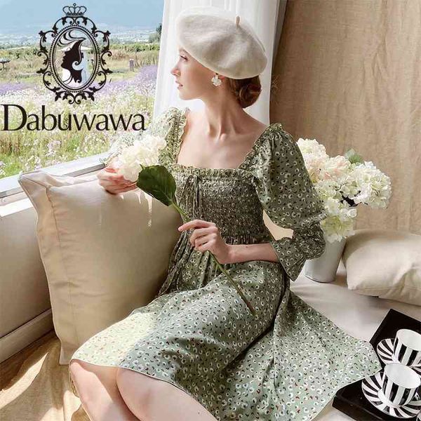 Dabuwawa Vintage Vestido Vestido Mulheres Quadrado Pescoço Bow Lanterna Lanterna Da Luva Pradaria Chic Fit e Flare Dress Feminino DT1CDR003 210520