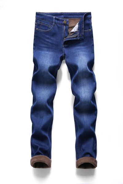

men's jeans winter thermal warm flannel stretch mens quality fleece pants men straight flocking trousers jean male, Blue