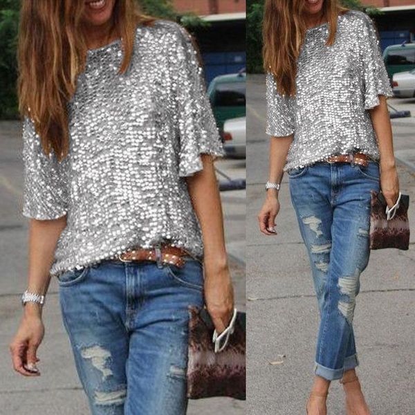 

women's t-shirt summer solid color short sleeve round neck ladies shoulder glistening sequin slim shirt women t shirts, White
