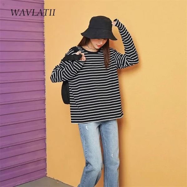

wavlatii women long sleeve t shirts female cotton white black striped tees lady oversized spring casual wlt2107 210623