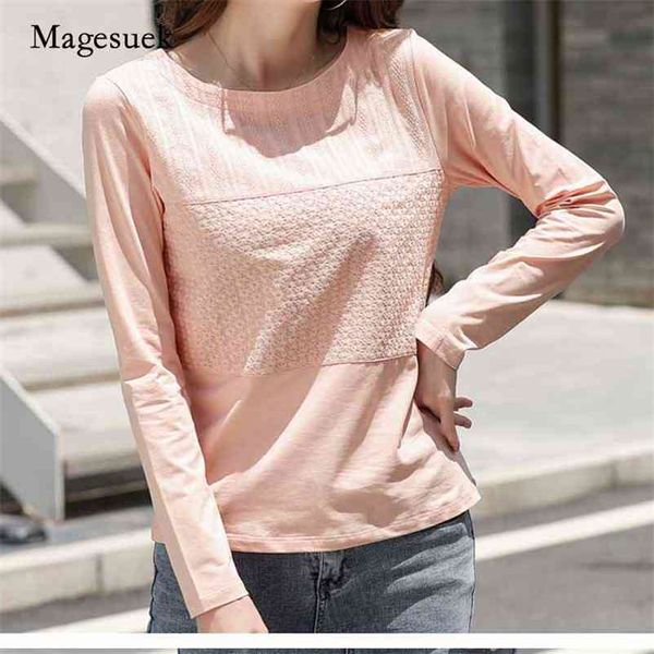 

fashion office lady embroidered korean o-neck t-shirt women autumn cotton stitching long sleeve shirt clothes 10852 210518, White