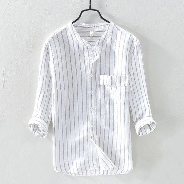 

men's casual shirts striped shirt for men three quarter sleeve vintage autumn male cotton linen stand collar clothes white, White;black