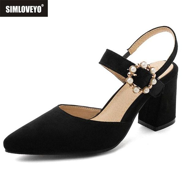 

female summer elegant heeled sandals pointed toe 7.5cm hoof heels buckle pearl plus size 32-48 casual date b1986, Black