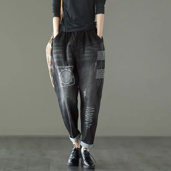 

jean autumn arts style women elastic waist loose femme cotton denim harem pants vintage embroidery jeans trousers m444 5xzd, Blue