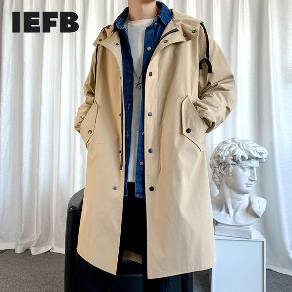 

men's trench coats iefb hooded windbreaker 2021 spring autumn male's medium length oversized coat long sleeve workwear loose 9y823, Tan;black