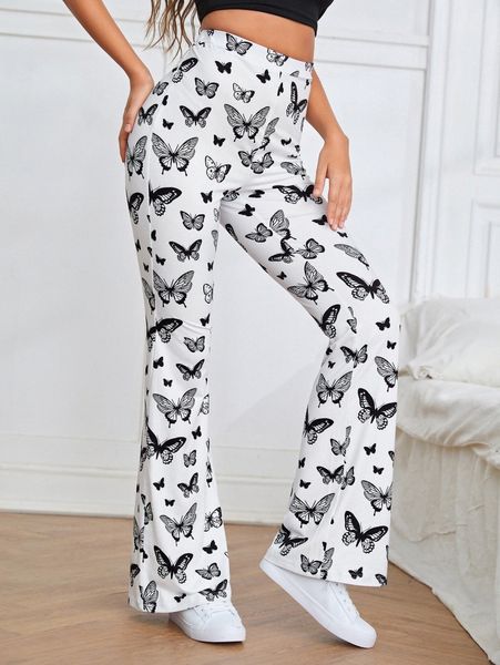 

butterfly print flare leg pants m05x#, Black;white
