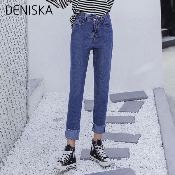 

women's pants & capris deniska spring summer mori girl loose jeans female autumn straight vintage roll up flavor hem ankle length tro, Black;white