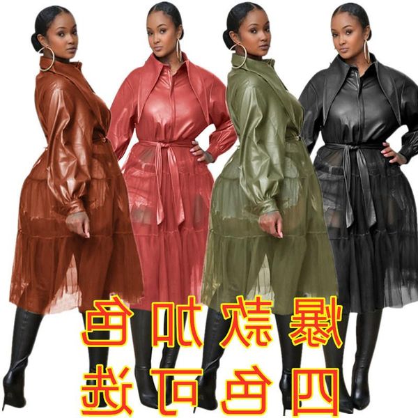 

women's leather & faux soft winter autumn and mesh splicing coat windbreaker, Black