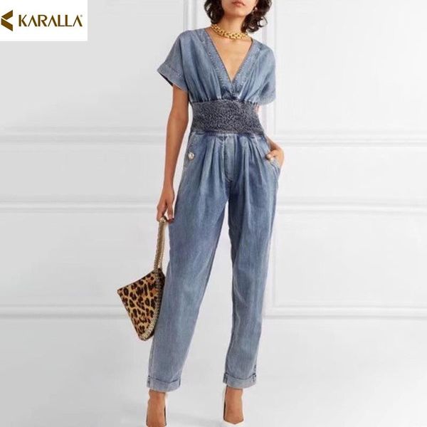 

women's jumpsuits & rompers 2021 spring autumn runway fashion delicate pleated short sleeve waist zipper jeans h1559, Black;white