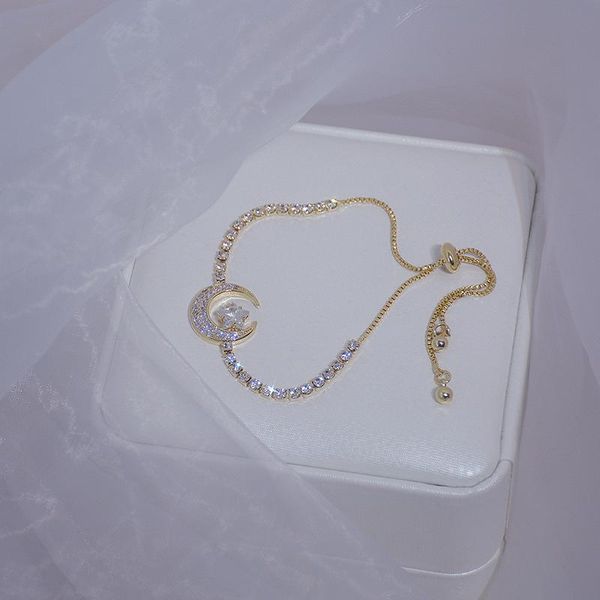 

exquisite shine zircon buckle women bracelet handmade moon star alloy gold color bracelets anniversary gift charm, Golden;silver