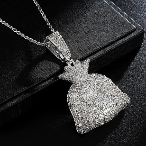 

chains hip hop big money bag pendant necklace iced out bling cubic zircon men's rapper jewelry fashion, Silver