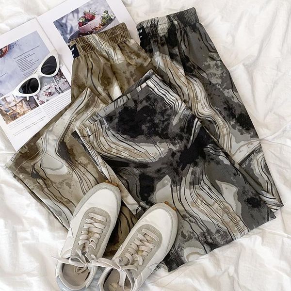 

women's pants & capris tie dyed pattern summer smooth elastic high waist loose thin straight trousers women harajuku pantalon femme str, Black;white