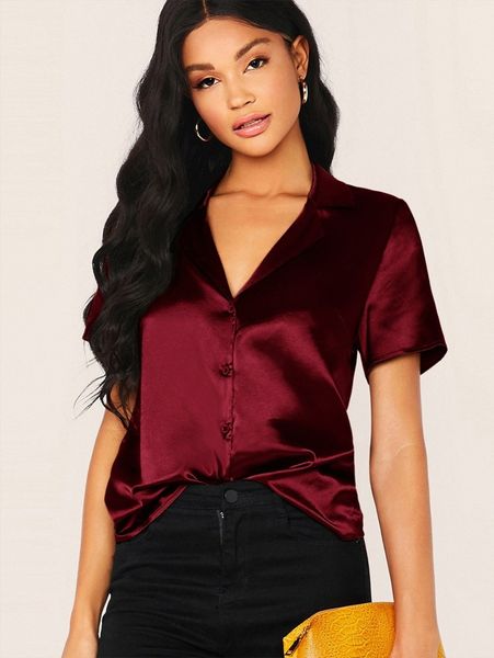 

notched collar satin blouse k10k#, White