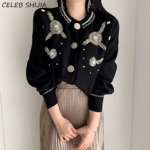 

women's knits & tees beading embroidery knit cardigan woman autumn luxury single-breasted elegant sweater white black loose coat pearl