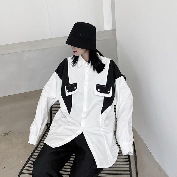 

men's casual shirts 2021 autumn korean style personalized black white mixed colors splicing design men loose -xl, White;black