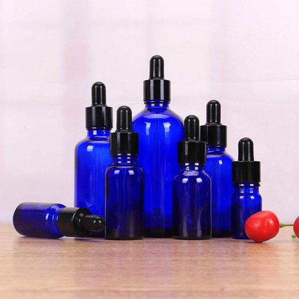 

5-100ml black metal cap dropper blue glass bottle refill diy essence basic massage face body oils serum perfume skincare storage bott bottle