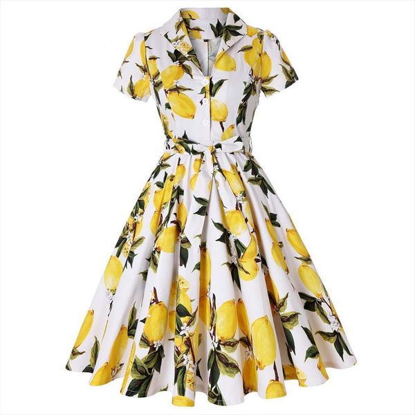 

summer sd0002 short sleeve lemon womens dresses plus size s 4xl large swing rockabilly cotton vintage, Black;gray