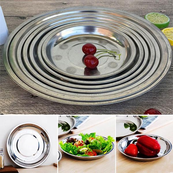 

Dishes & Plates Dinner Silver Tone 18cm~28cm Diameter Stainless Steel Fruit Dessert Servies Dish Sweets Coffee Tray Tableware #920