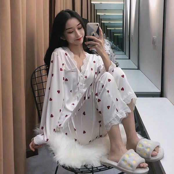 

2021pajamas women korean laciness ice silk pajama set summer autumn long sleeve two-piece set sweet princess style home clothes, Black;red
