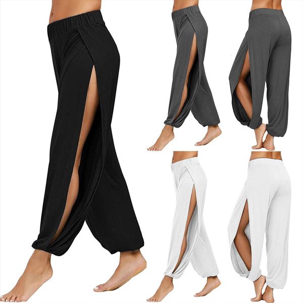 

sport leggings gym clothing women capri casual solid hollow elastic waist workout sports wide leg pants trousers, Black;white