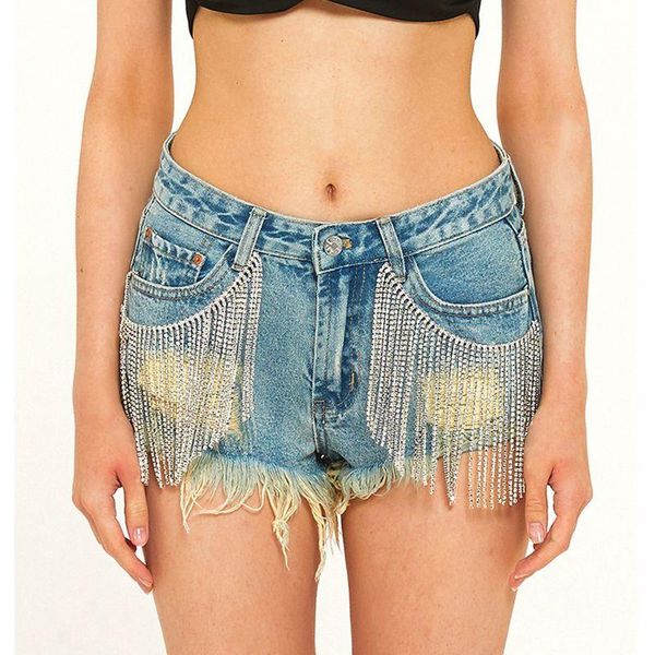

women's jeans summer nightclub broken tassels hips wide legs a diamond chain denim ripped pockets shorts women, Blue