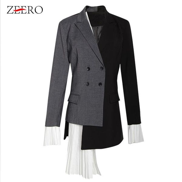 

europe style 2021 autumn women blazers and jackets female ruffle patchwork hit color irregular long blazer ladies casual coat women's s, White;black