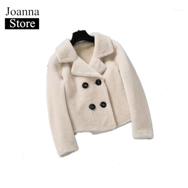 

winter plus size lapel korean double-breasted faux fur coat women's short white slim coats fake women jackets1, Black