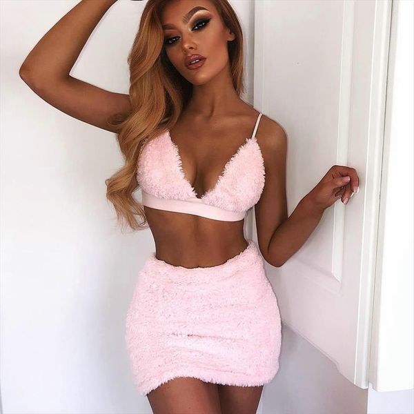 

plus size 2pcs vest women tracksuits fuzzy plush bodycon crop mini skirt set backless suits party clubwear clothes, Gray