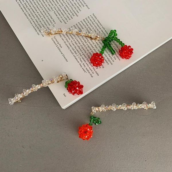 

hair accessories lisa same sweet crystal hairpin handmade beaded clip headdress strawberry metal japanese and korean edge, Slivery;white