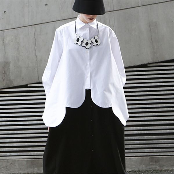 

women's irregular arc extra wide hem white loose shirt turn-down collar streetwear polyester 210427