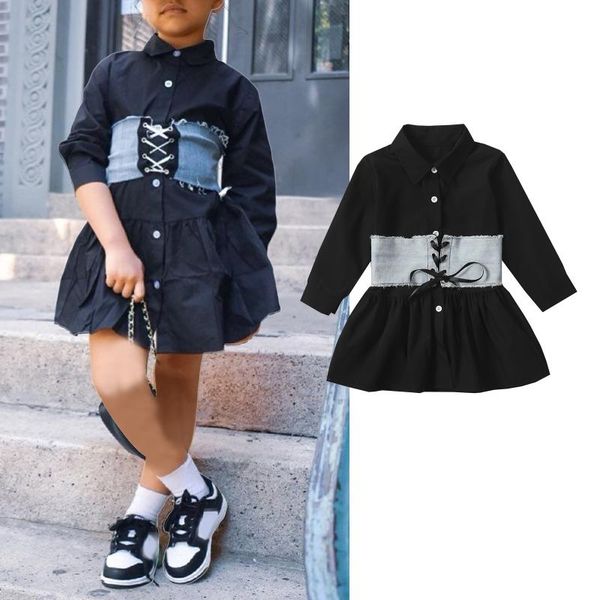 

girl's dresses est fashion born baby girl clothes solid color long sleeve black shirt dress+denim tie-up waist belt 2pcs outfits, Red;yellow