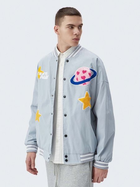 

men letter & star patched bomber jacket f0g5#, Black;brown