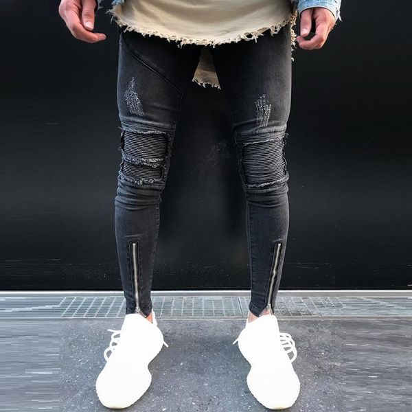 

men's jeans grey snowflake holed motorcycle pleated pants trend, Blue