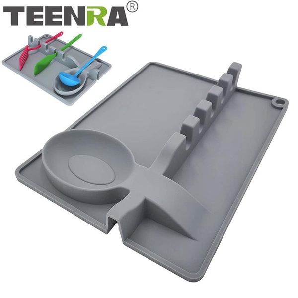 

mats & pads teenra 2 in 1 silicone spoon holder non-slip ladle rest draining rack mat organizer spatula kitchen utensils