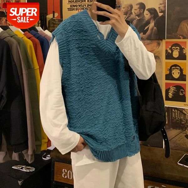

2020 men's trendy wool sleeveless sweater vest male solid color knitting clothes v-collar pullover white/black/blue coats s-xl #zr4i