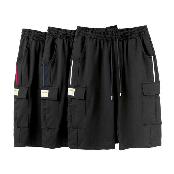 

print men's shorts bermuda cargo multi-pocket shorts male 3-colors elastic waist cotton short homme casual beach short summer 210601, White;black