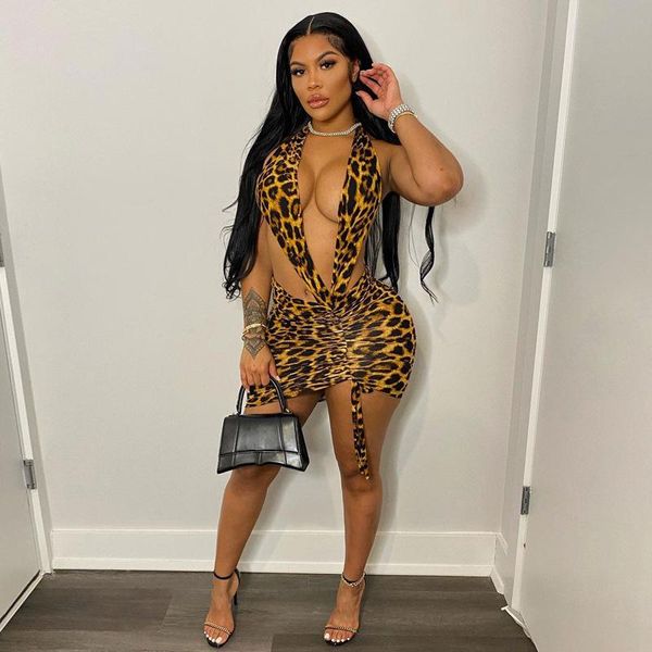 

casual dresses 2021 ladies fashion slim street temperament nightclub v collar leopard print ruffled tie dress, Black;gray