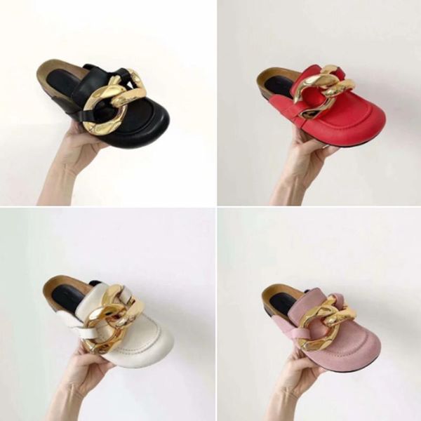 

fashion golden chain women slippers soft leather mules, Black