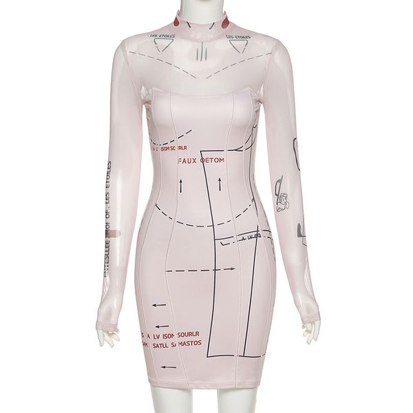 

2021mesh patchwork letter print mini dresses long sleeve women dress bodycon clubwear fashion fall 2021 party dress skinny, Black;gray